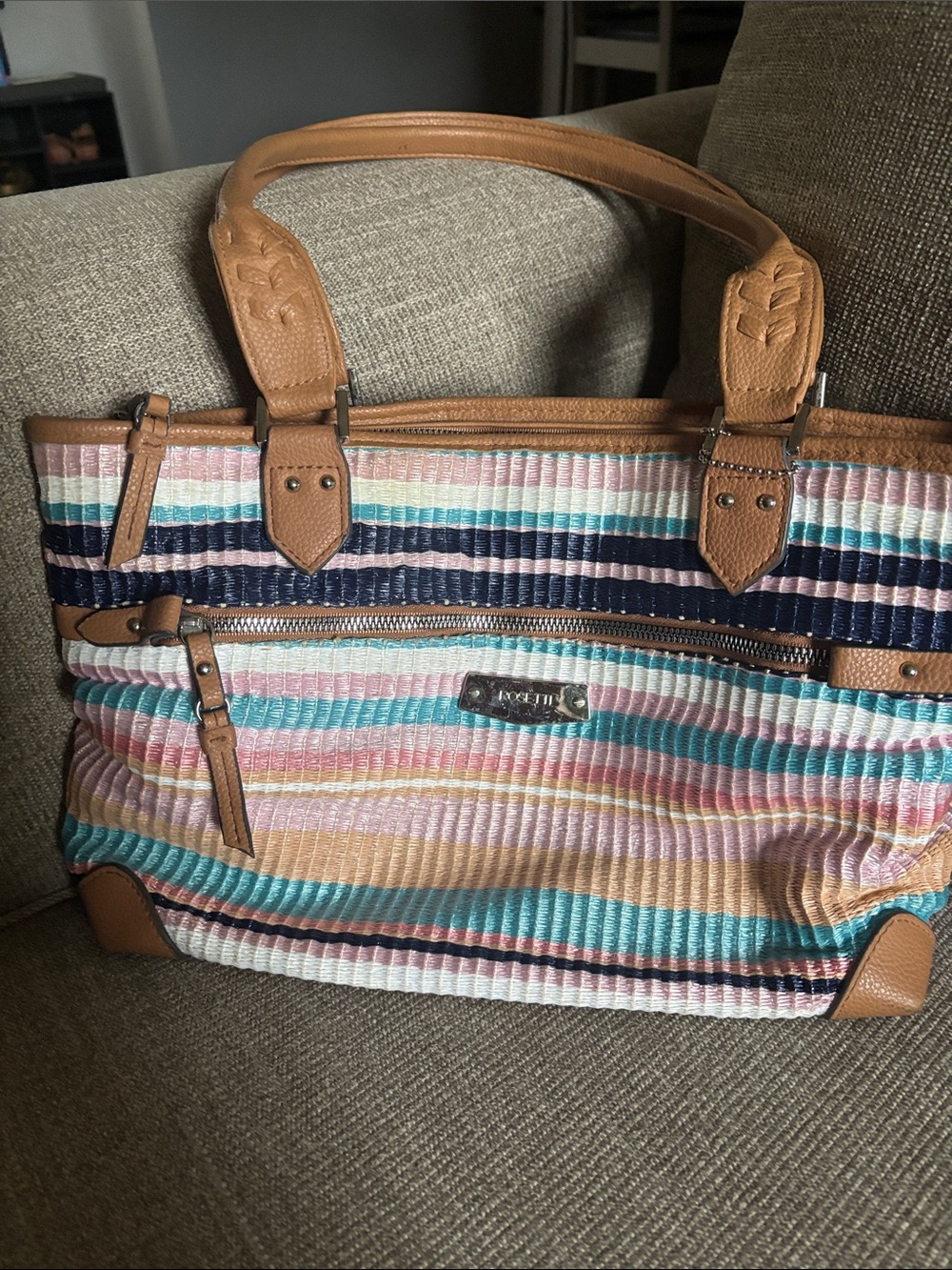 Marc Fisher Multicolor Striped Tote with Tan Trim